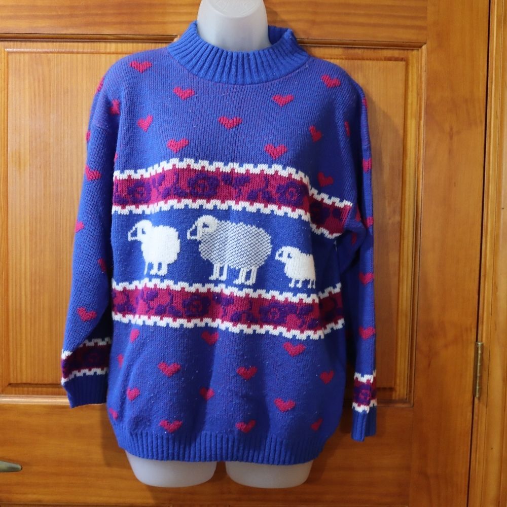 Private Eyes Vintage Blue Heart & Sheep Knit Sweater Retro Cozy Large USA - Picture 2 of 14